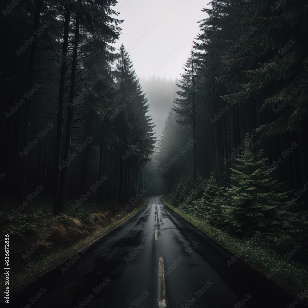 Obraz premium Photo of a suburban highway full of fog and dark colors