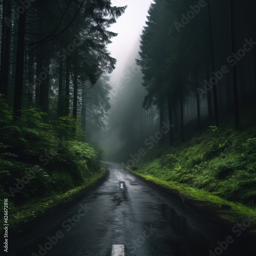 Photo of a suburban highway full of fog and dark colors