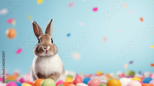 Advertising portrait, banner, funny gray rabbit with colorful balls around, staright look, isolated on blue background