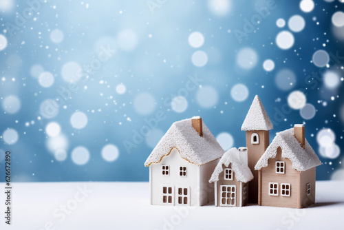 Frosty winter cute houses on snowfall background with copyspace. Festive blue background with Christmas lights, blurred background.