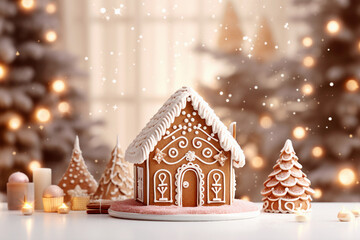 Beautiful and cozy Christmas background. Close up of gingerbread houses on table over lights blurred backdrop.