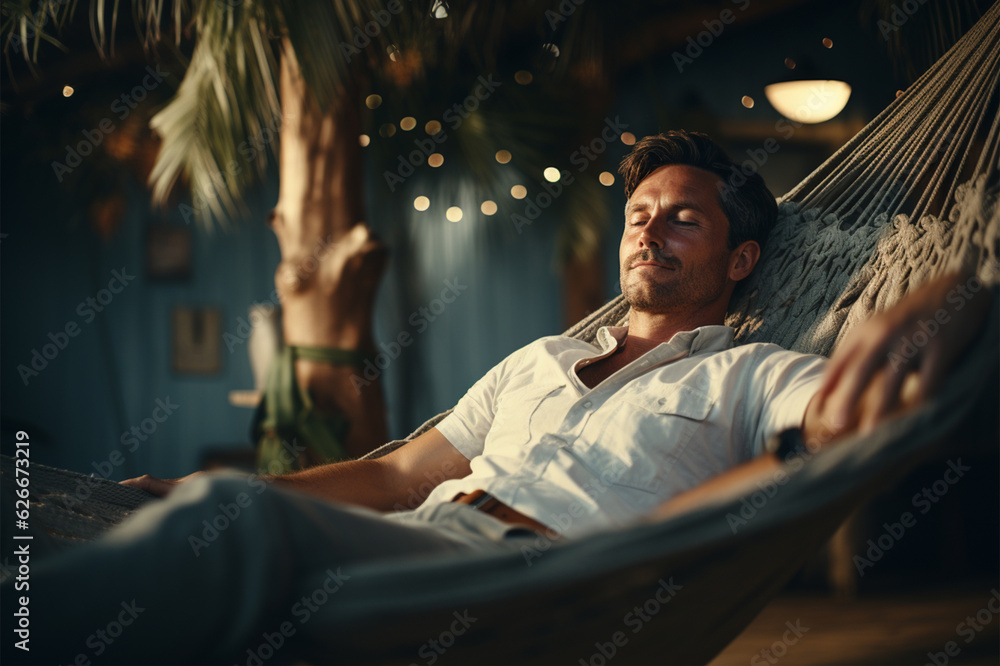 Man lying in hammock on the beach, in the style of soft and dreamy depictions