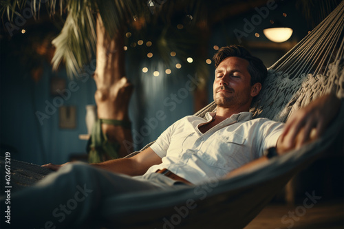 Man lying in hammock on the beach, in the style of soft and dreamy depictions