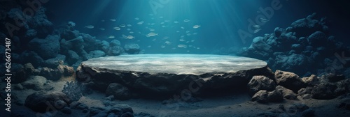 Underwater stone podium in the ocean. Serene and mysterious aquatic environment. Generative AI