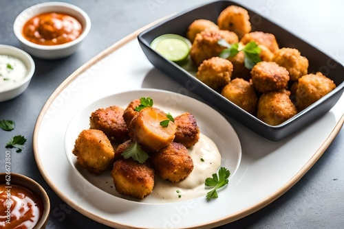 A plate of crispy cauliflower wings with a side of vegan ranch dressing