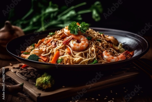 Thai noodles bowl with shrimp. Restaurant serving. Menu photo. Generative AI.