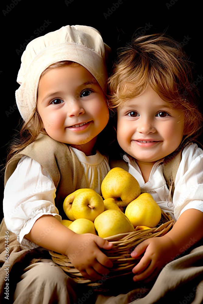 girl and boy with apple, two white caucasian cute adorable funny kids, girl and boy with apple, two white caucasian cute adorable funny kids,