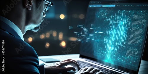 a businessman, delves into financial data on his laptop, showcasing the importance of digital tools in modern finance.