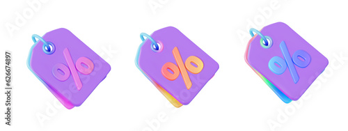 Purple discount tag  with a gradient effect. Price label with percent. Label with percentage, discount offer tag symbol. Buying and promo sale. 3d Vector illustration. 