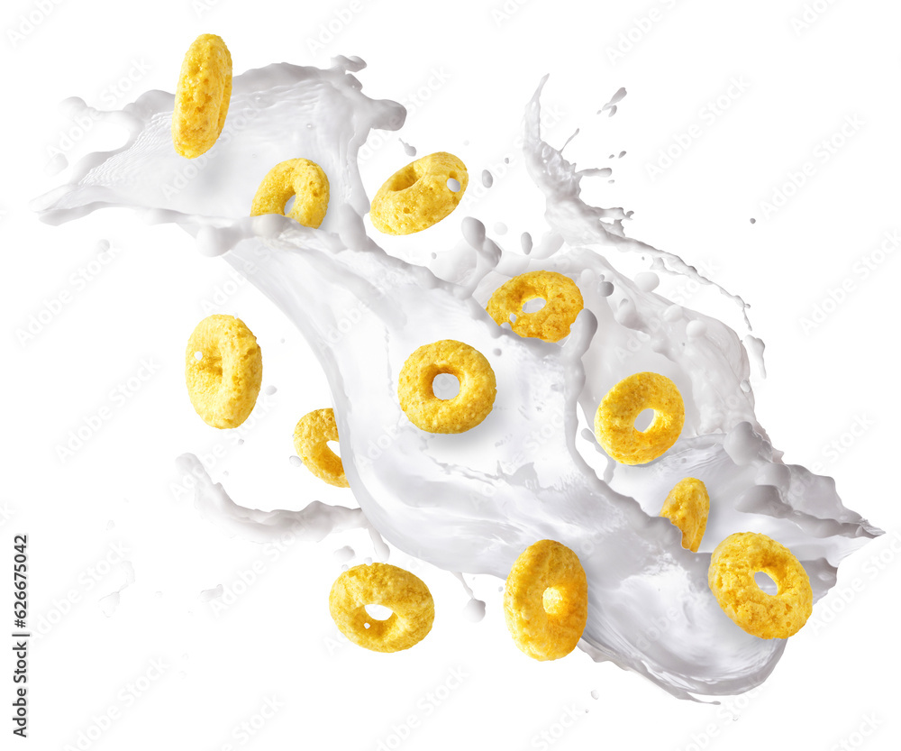 Tasty ring cereals falling in the air isolated. Tasty ring cereals falling in the air isolated.