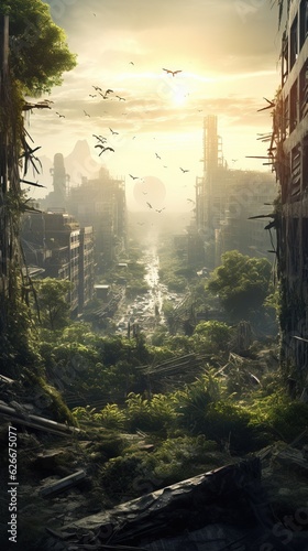 Post-apocalyptic wasteland where nature has reclaimed the land. Dystopic overgrown buildings. Ruins of a decaying city. Generative AI. © Kai Alves