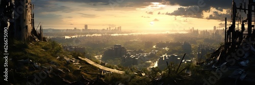 Post-apocalyptic wasteland where nature has reclaimed the land. Dystopic overgrown buildings. Ruins of a decaying city. Generative AI.