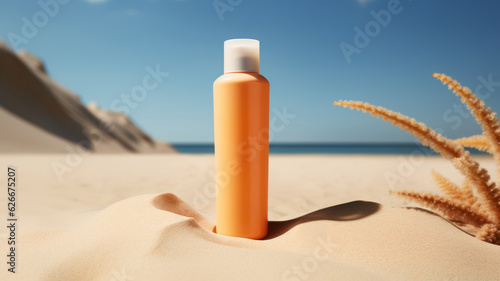 A bottle of beauty product presented as an unbranded mocap in the sand with shells around it. Advertising banner on a beach background