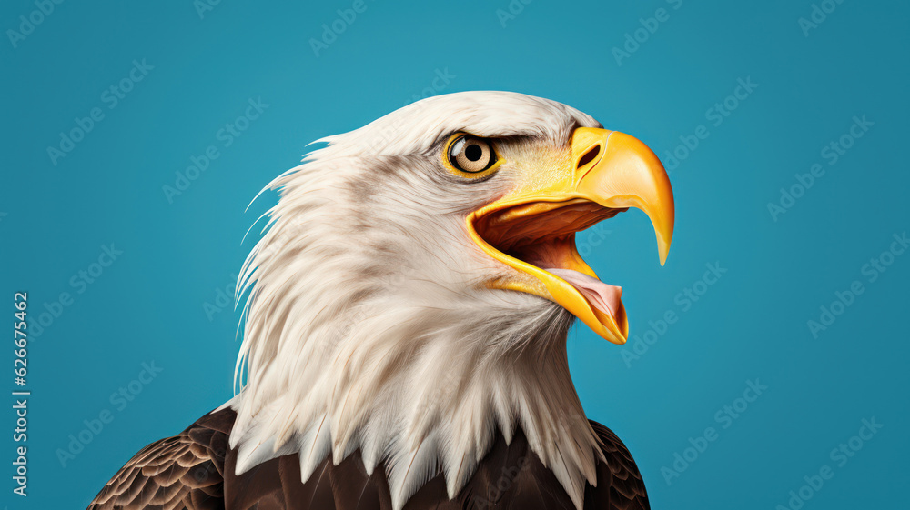 Fototapeta premium Advertising portrait, banner, screaming eagle with yellow eyes and white head, with open beak, isolated on blue background