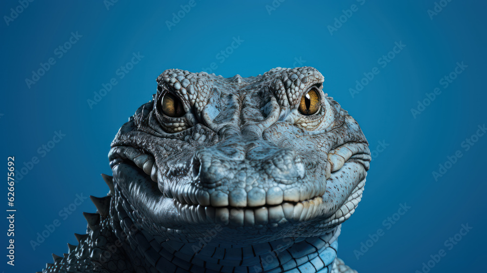 Fototapeta premium Advertising portrait, banner, scarry crocodile with open mouth and yellow eyes, straight look, isolated on blue background