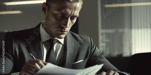 In a modern office, a businessman carefully reviews a contract. The scene blends formality with casual comfort.