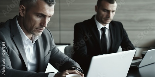 Businessman in black suit working on laptop computer in office with another businessman