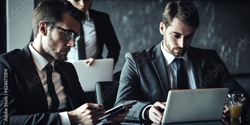 Businessman in black suit working on laptop computer in office with other business men