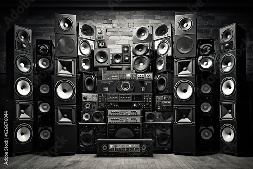 Music speakers on the wall in monochrome vintage style