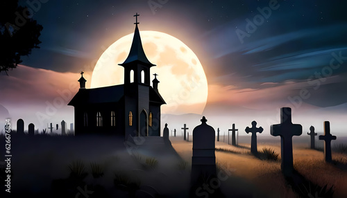 Halloween landscape with old cemetery by church at night
