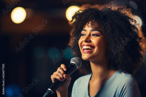 Young African American woman engaged in a first-time public speaking event, filled with genuine emotion and feelings