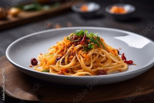 Thai noodle bowl. Restaurant serving. Menu photo. Generative AI.