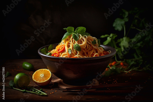 Thai noodle bowl. Restaurant serving. Menu photo. Generative AI.