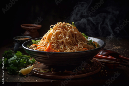 Thai noodle bowl. Restaurant serving. Menu photo. Generative AI.