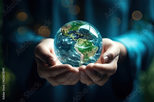 International Day of Forests and earth day concept. Hands holding blue earth globe in business hands on green blurred background for world environment day