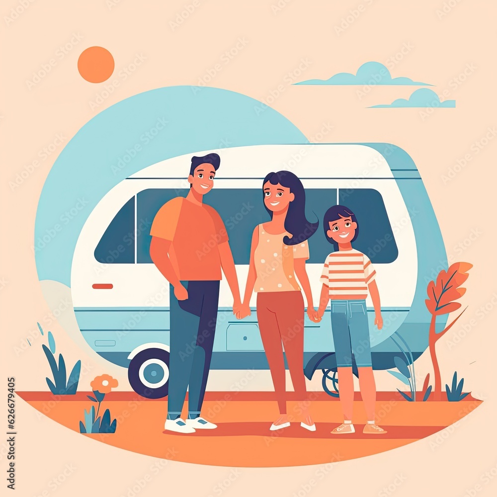 Large family travels in trailer on summer vacation. Generative AI.