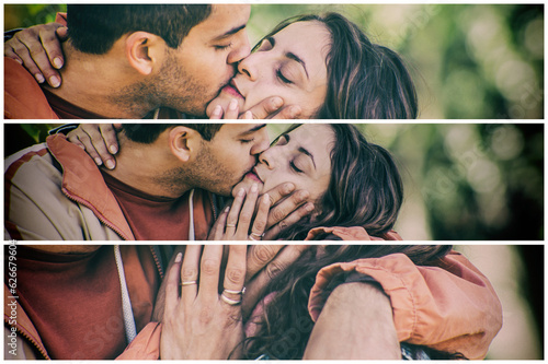 Romantic couple in love hugging and kissing in the park. Multilens retro vintage style. Relationship and romance concept photo