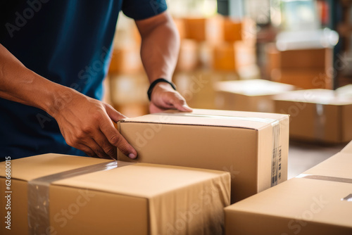 Closeup of a man's hands taping a cardboard box, preparing it for shipment in an e-commerce warehouse © MVProductions