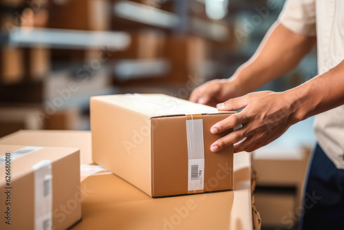 Fotografia Closeup of a man's hands taping a cardboard box, preparing it for shipment in an