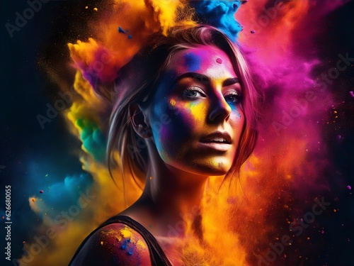colorful holi powders exploding on a beautiful smiling woman, generative AI