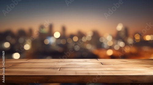wooden product photography podium with blurred city view in front with lights