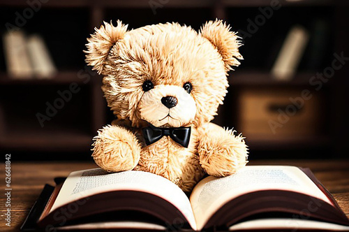 teddy bear,teddy,toy,cute,book,reading book,story ,reading,browns ,brown ,beautiful, studio ,study,read . generative AI