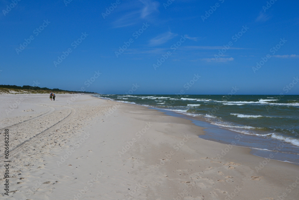 Baltic Sea coast and wild beach next to moving dunes in the Slovincian National Park also known as Slowinski National Park. Leba, Poland 