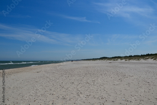 Baltic Sea coast and wild beach next to moving dunes in the Slovincian National Park also known as Slowinski National Park. Leba  Poland 