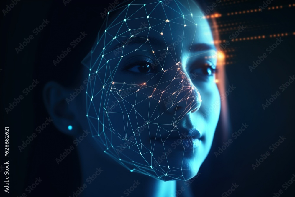 Φωτογραφία Biometric facial recognition: Technological scanning of woman's face for phone login, data protection