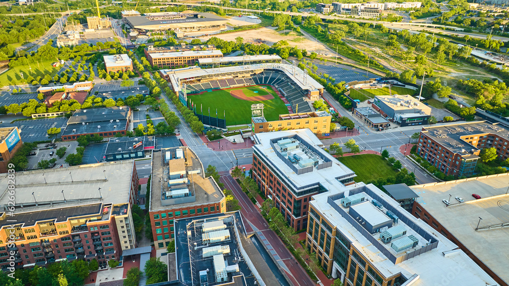 Aerial golden light on landscape and Columbus Clippers stadium in Ohio