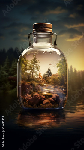 an island in a bottle in the water, lightbox, nostalgic charm, light and dark contrast