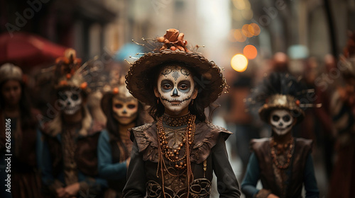 Una niña maquillada y disfrazada para celebrar el dia de los muertos en mexico.
