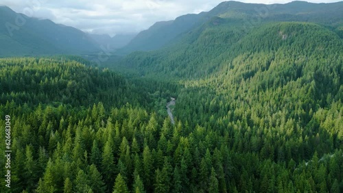 Aerial view of Canadian mountain landscape in cloudy day. Taken near Vancouver