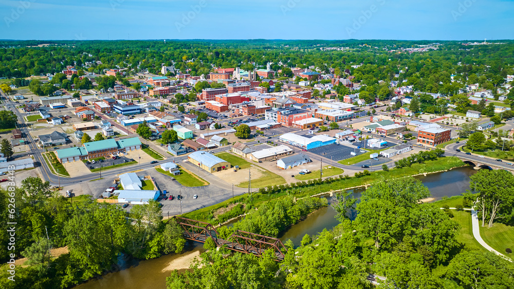 Aerial view of park area leading to wide view of Mount Vernon city in Ohio