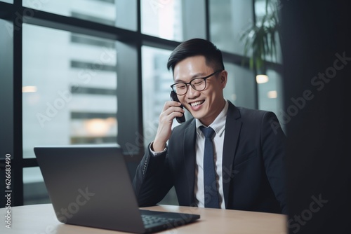 Smiling Asian businessman working on laptop at office, using mobile phone for call.