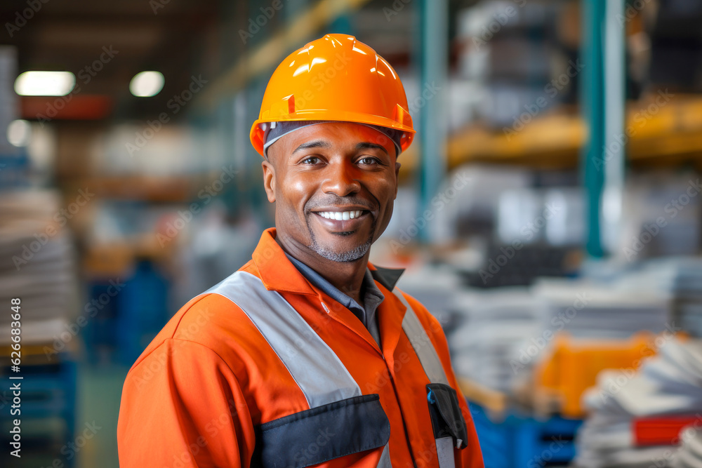 Portrait of a happy African American factory worker wearing hard hat and work clothes standing besides the production line Portrait of a happy African American factory worker wearing hard hat and work clothes standing besides the production line