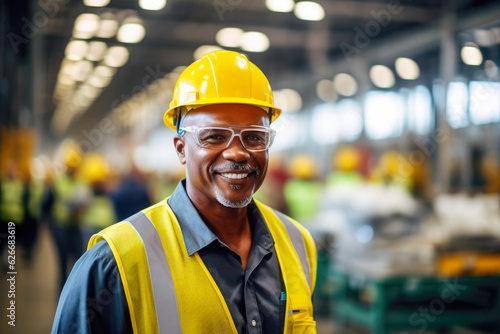 Portrait of a happy African American factory worker wearing hard hat and work clothes standing besides the production line © MVProductions