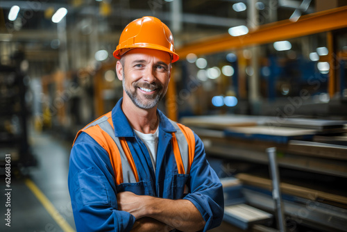 Portrait of a happy proud factory worker wearing hard hat and work clothes standing besides the production line