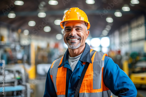 Portrait of a happy proud factory worker wearing hard hat and work clothes standing besides the production line