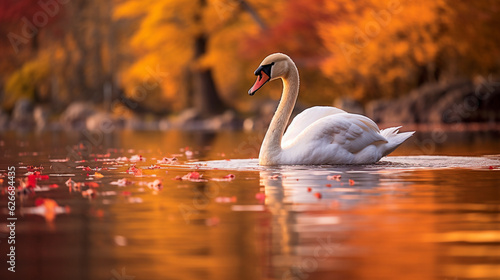 A stunning capture of a swan floating amidst vibrant autumn foliage, blending grace with the season's colors Generative AI photo